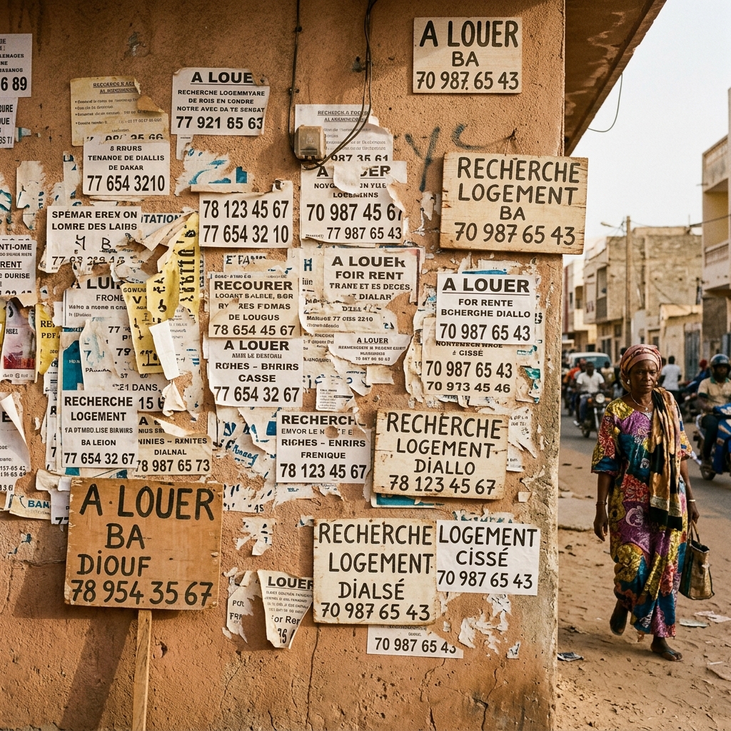 Mur d'annonces à Dakar — le marché locatif informel