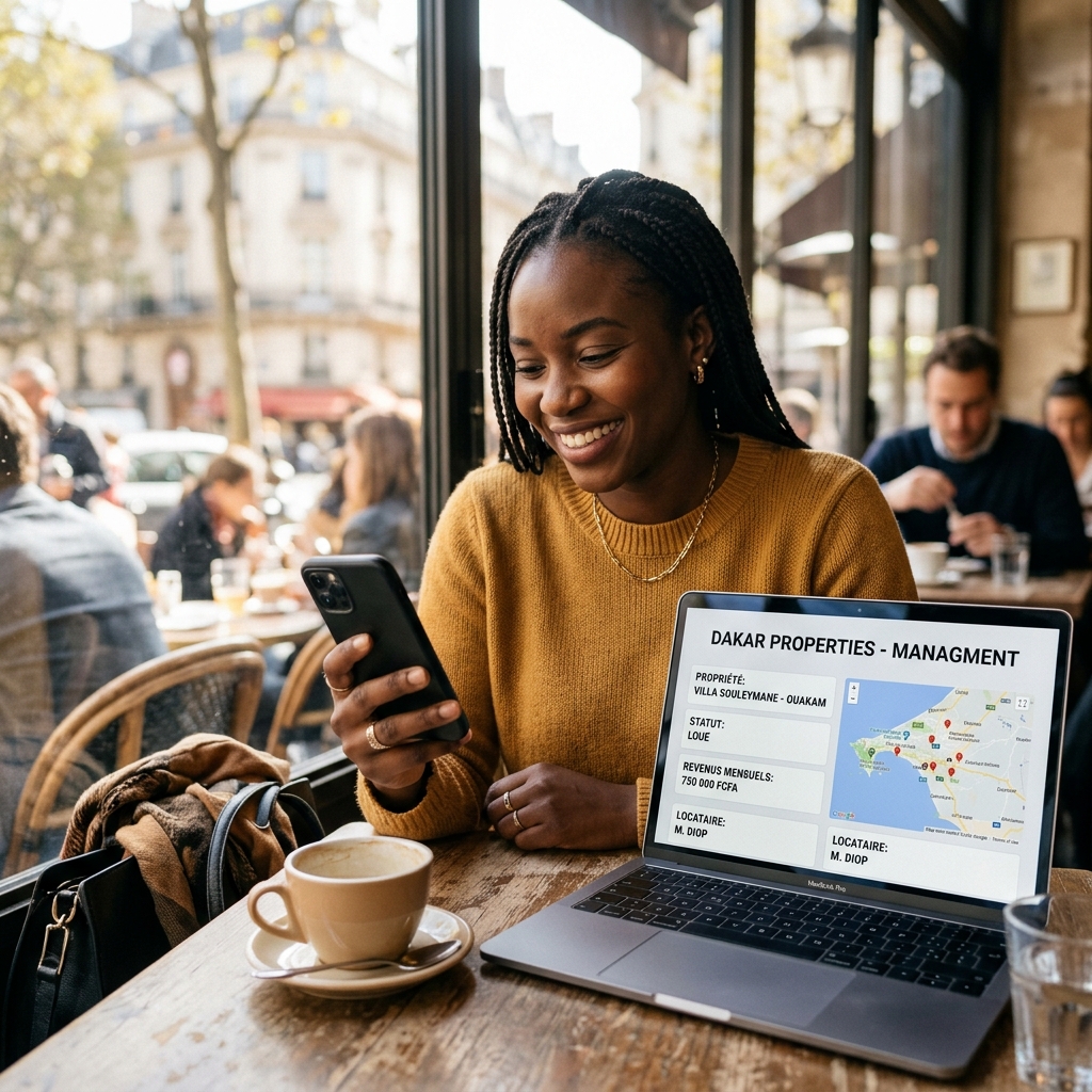 Propriétaire diaspora gérant son bien à distance depuis un café parisien